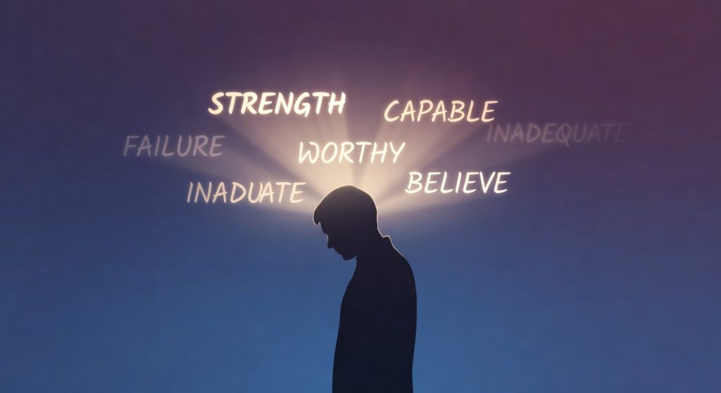 Person silhouette with glowing positive words representing mindful self-talk