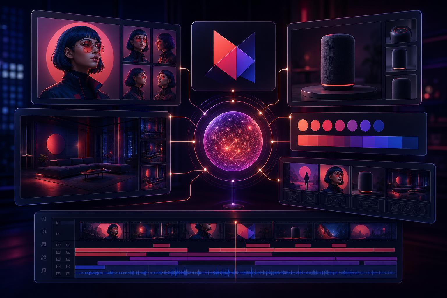 Adobe Firefly AI studio organizing reusable brand assets, storyboards, and video clips