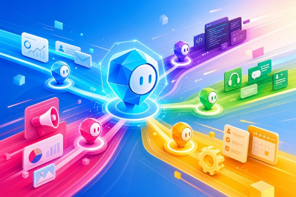 Bright editorial graphic of AI agents coordinating multiple business workflows