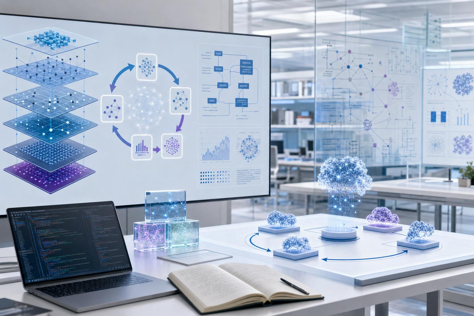 Abstract AI research workspace showing feedback loops and model improvement