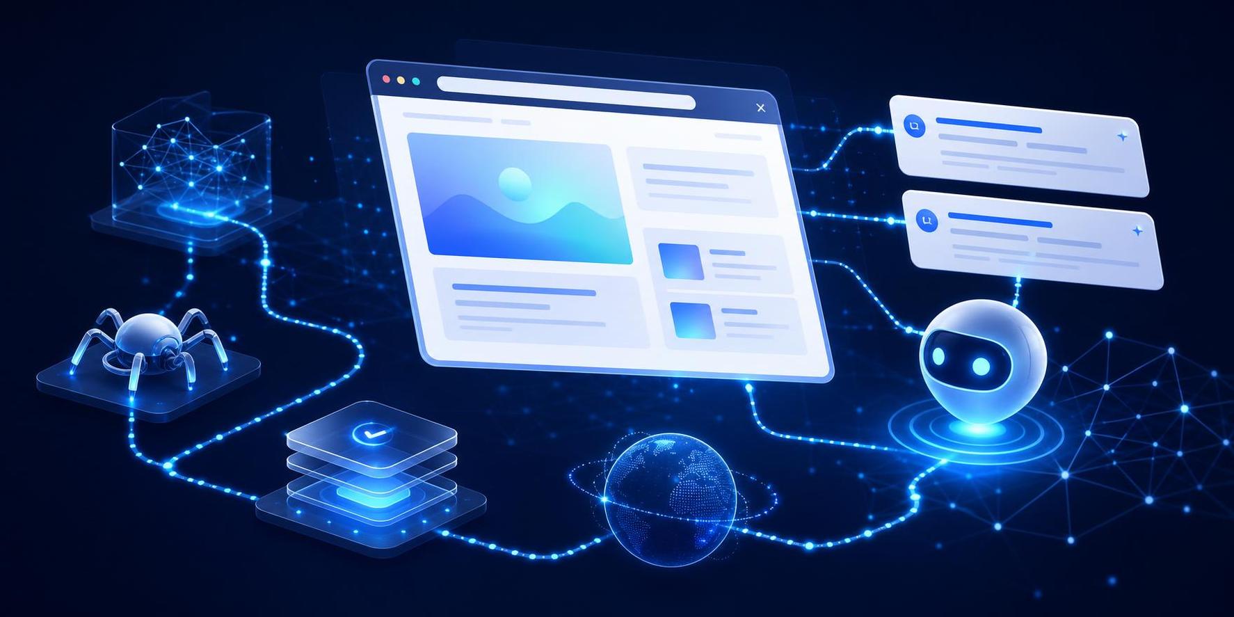 Abstract AI agent pathways connecting search results and web pages