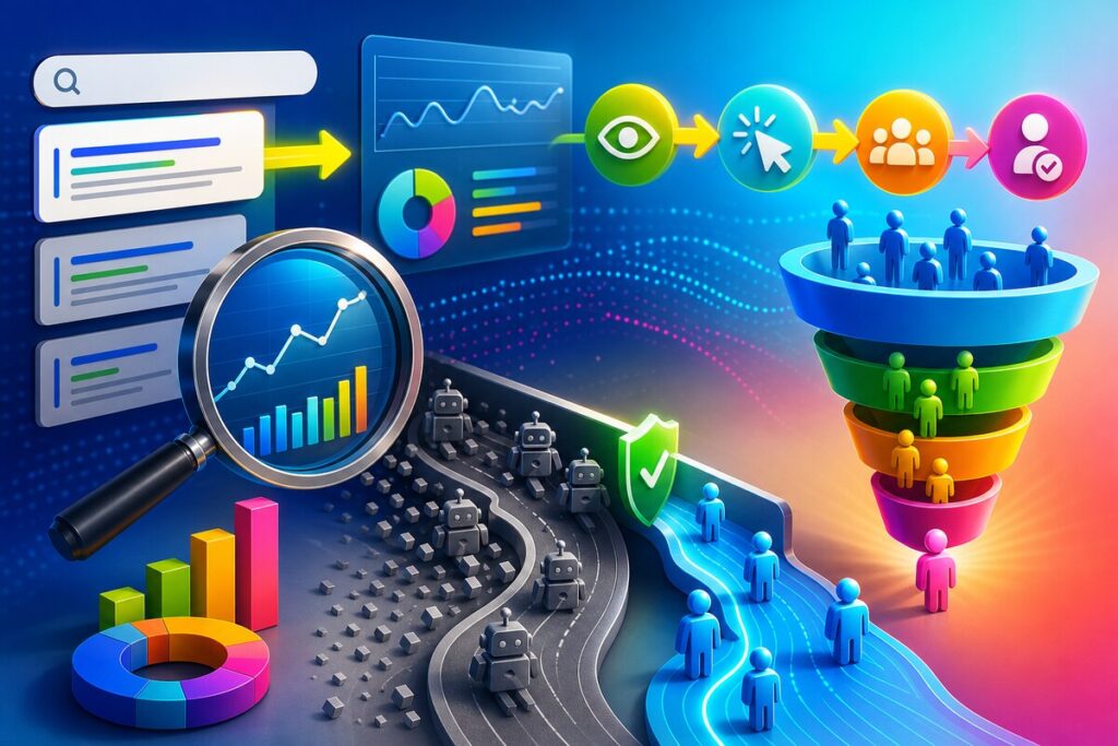 Website audit dashboard showing Google data, bot traffic, clicks, and leads