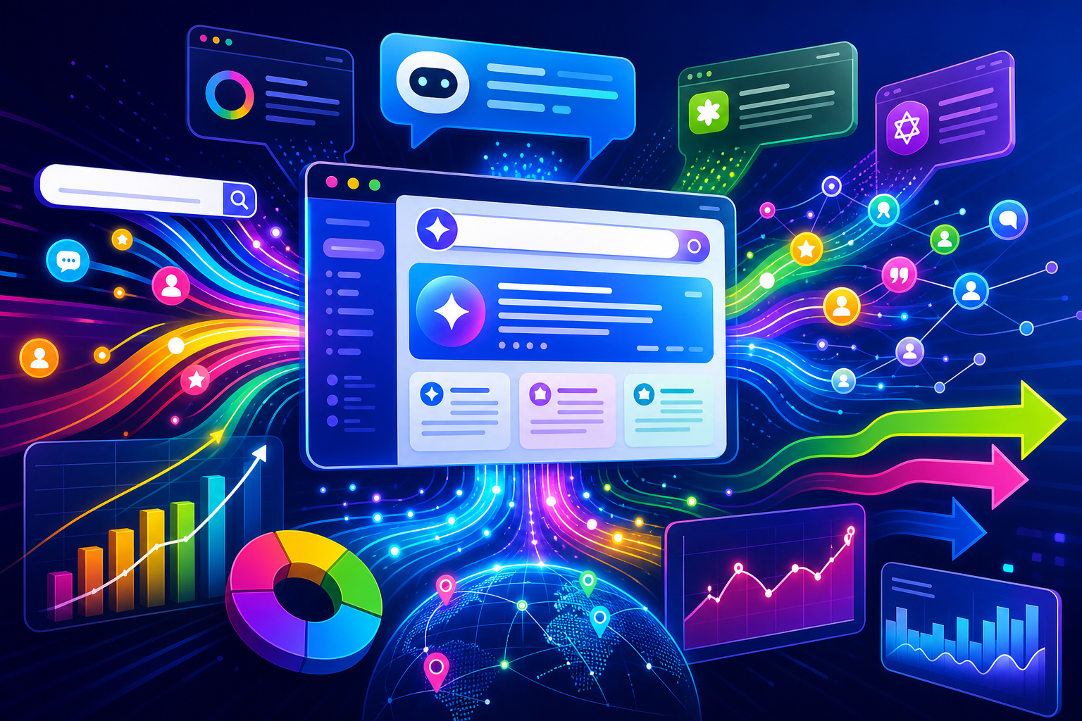 Colorful AI search analytics dashboard showing queries citations referrals and traffic signals
