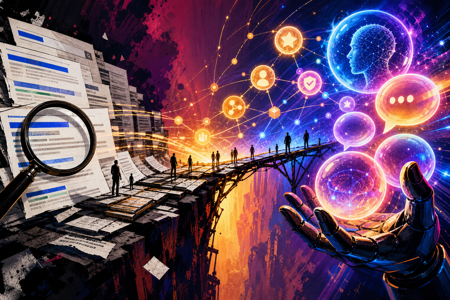 Surreal high-contrast illustration of search results transforming into AI answer bubbles