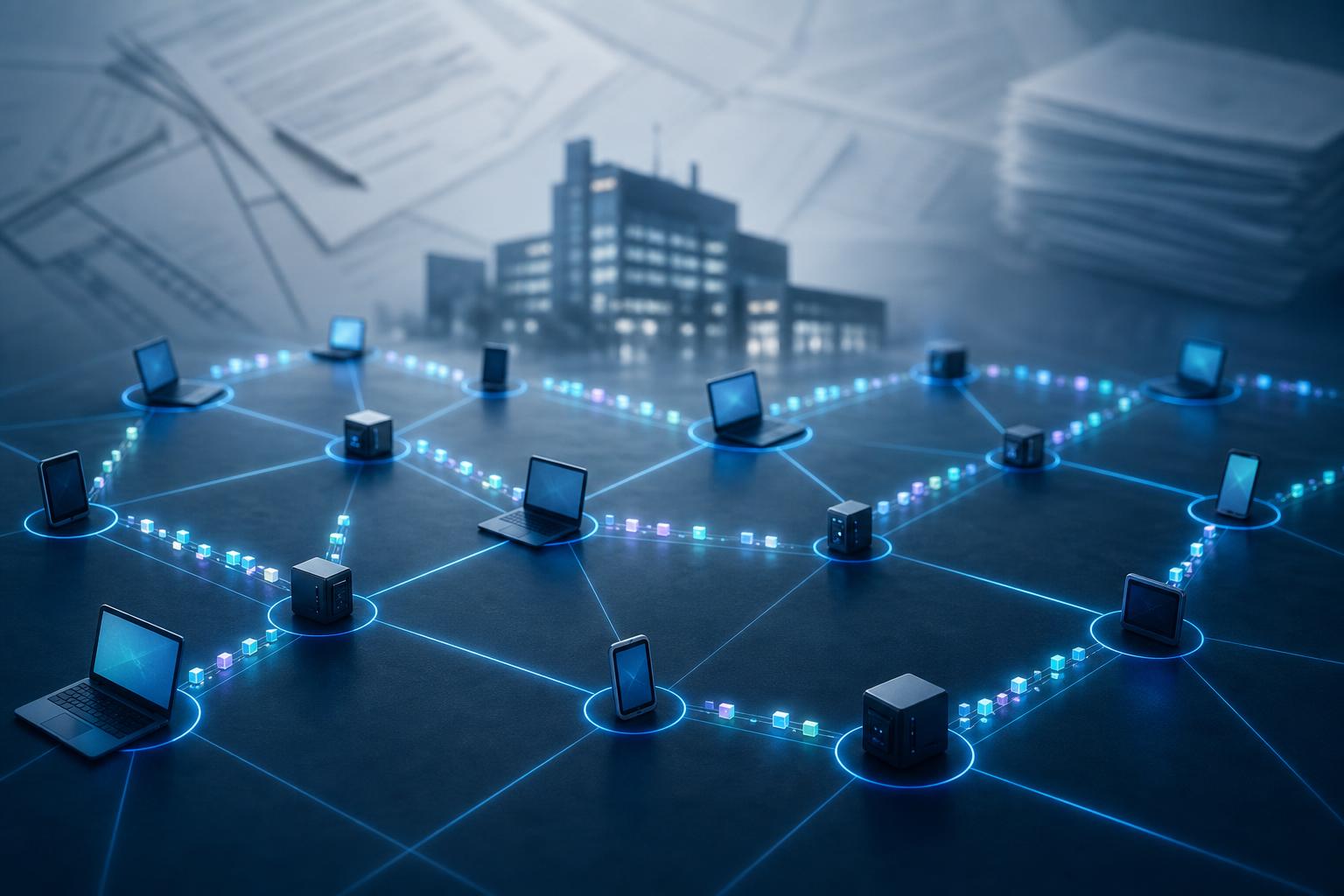 Abstract peer-to-peer file sharing network illustration for a BitTorrent business analysis article