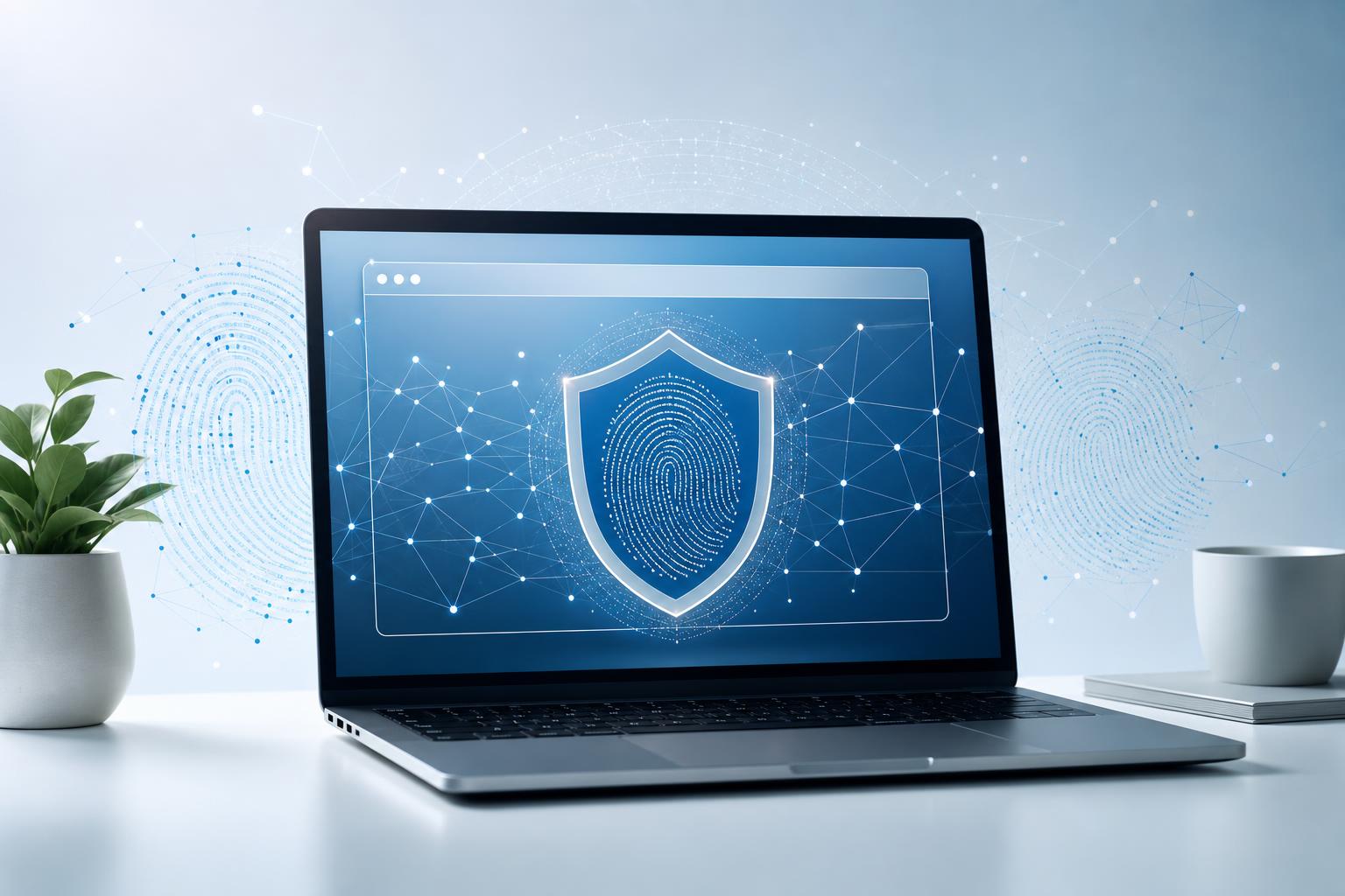 Digital fingerprint and privacy shield on a browser screen representing browser fingerprinting protection