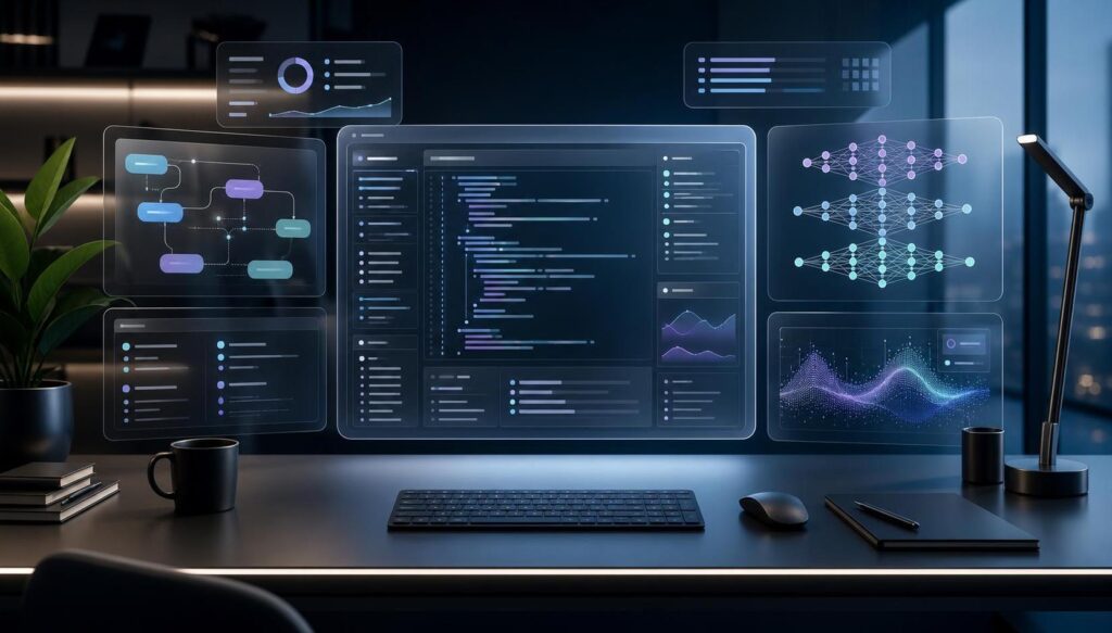 Enterprise AI workstation showing coding, automation, and analysis workflows connected through a neural network interface