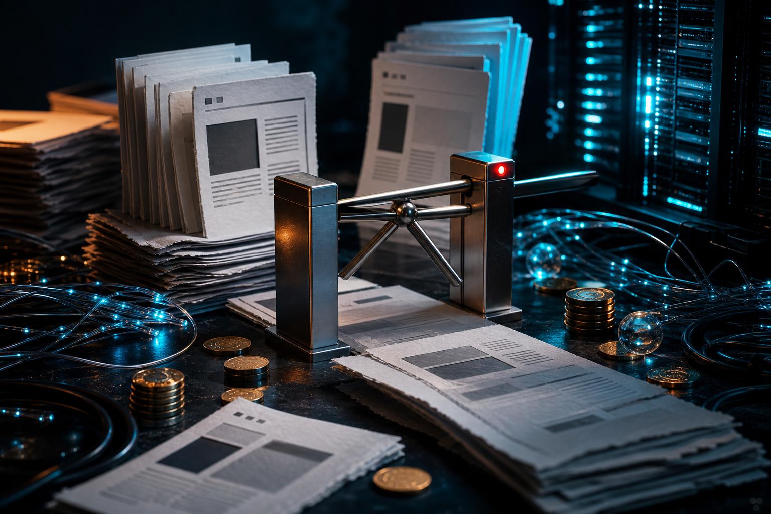 Cinematic editorial image of web pages, fiber cables, coins, and a turnstile gate representing paid AI crawler access