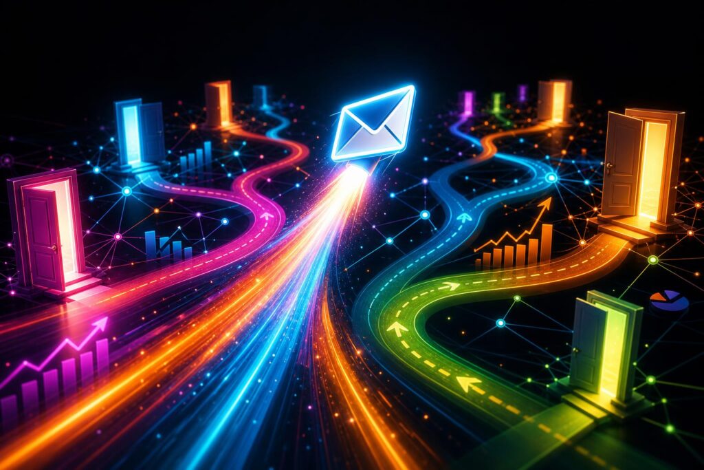 Bold colorful illustration of a cold email creating branching business opportunities
