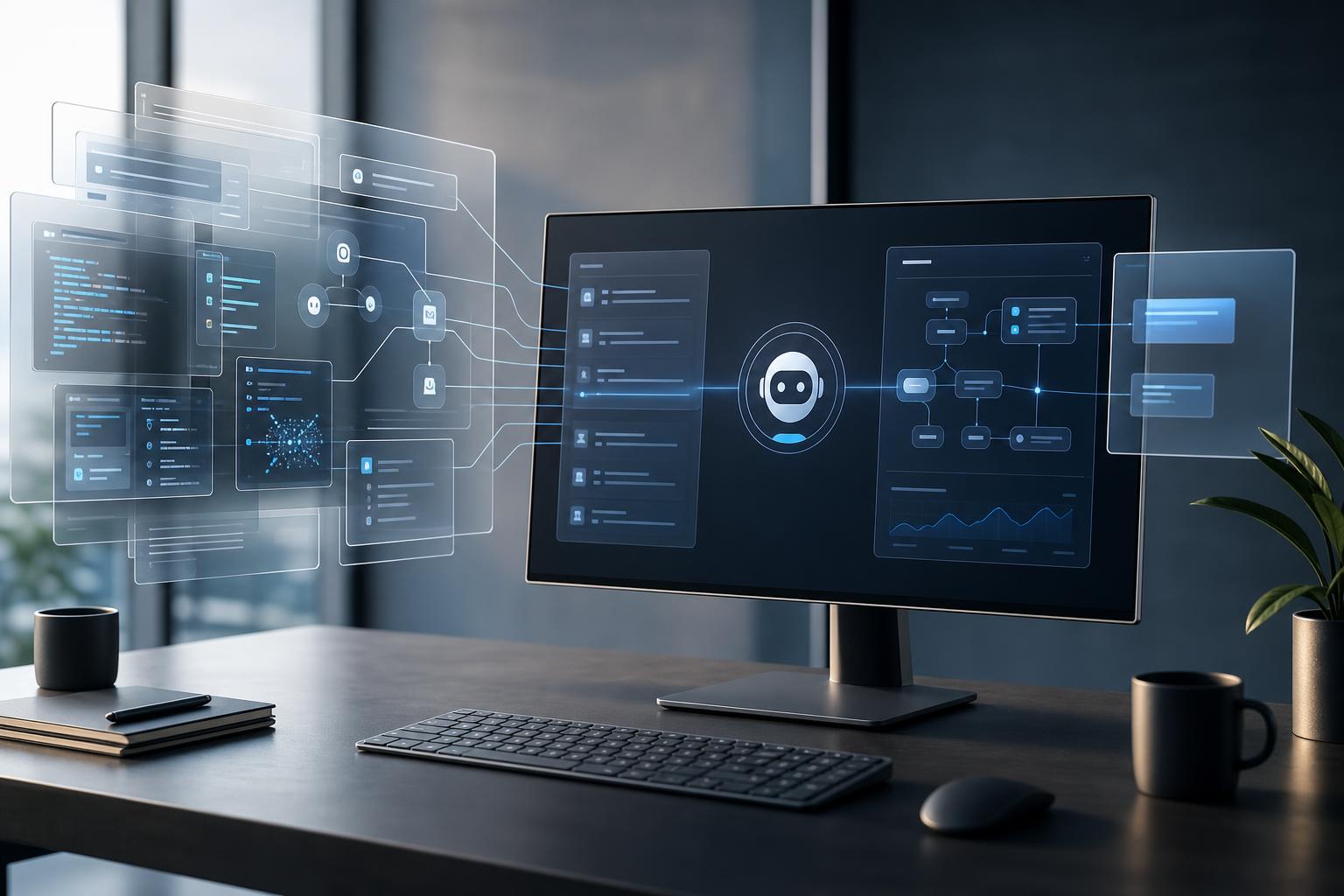 AI context engineering workflow showing simplified agent instructions, tool connections, and business automation interface.