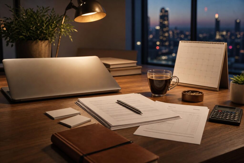 Editorial desk scene with freelance contracts, invoices, laptop, notebook, and coffee