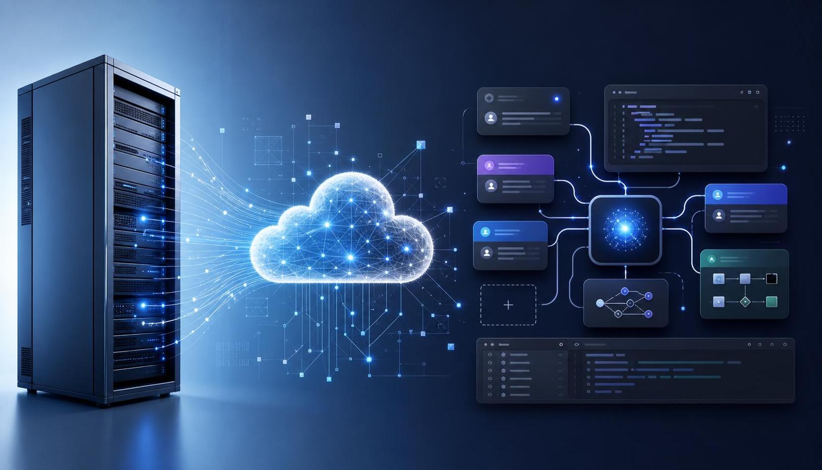 Abstract AI agent infrastructure connecting cloud servers, developer tools, and business systems