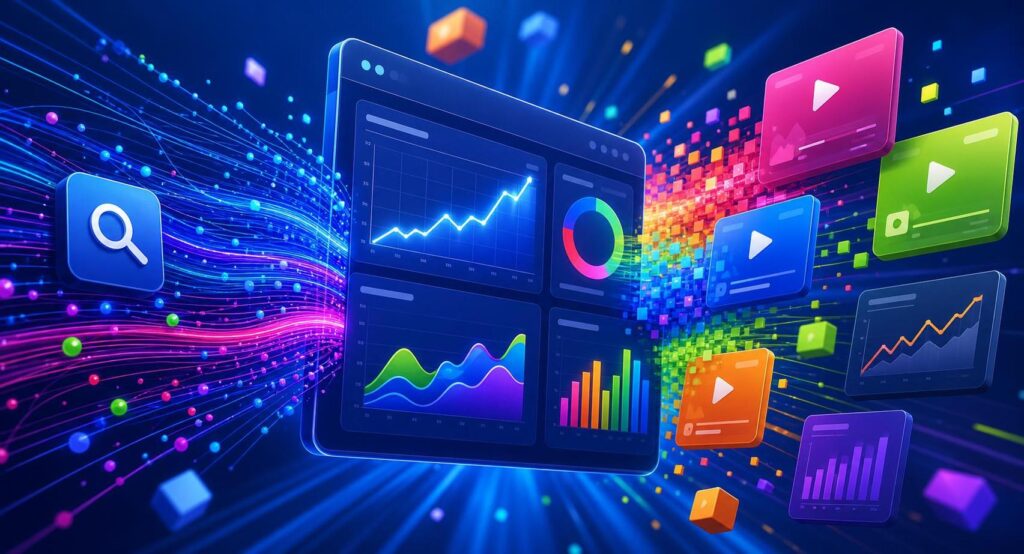 Bold analytics dashboard illustration showing Google Search Console social reporting data across video and social platforms