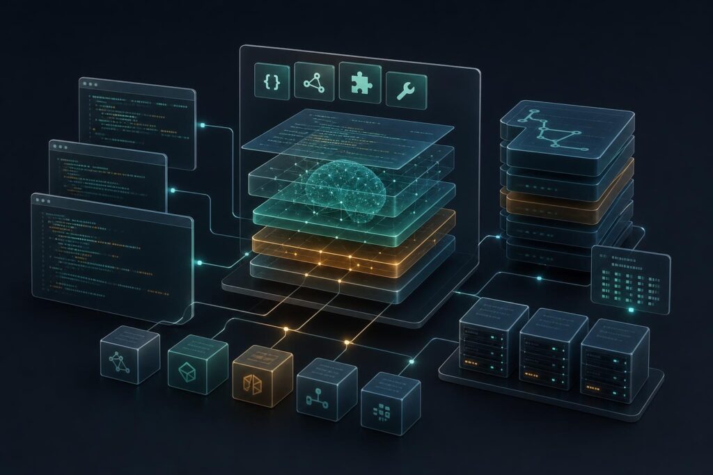 Open-source AI coding agent architecture with terminal interface, plugin blocks, and local server nodes.