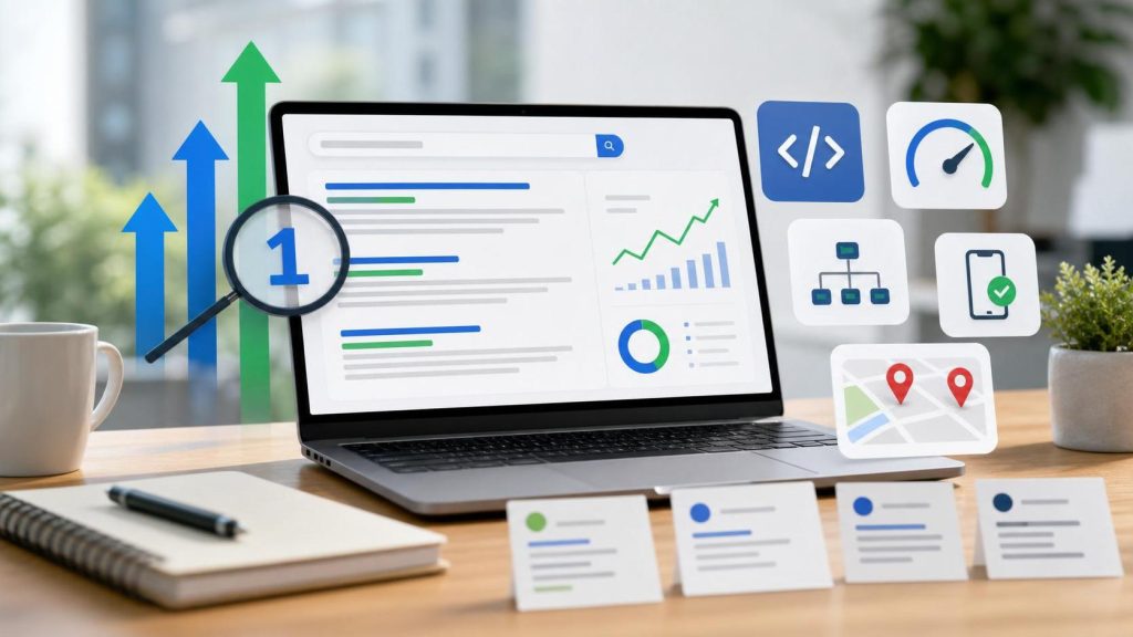 Laptop showing SEO ranking growth, technical optimization icons, and local search map pins