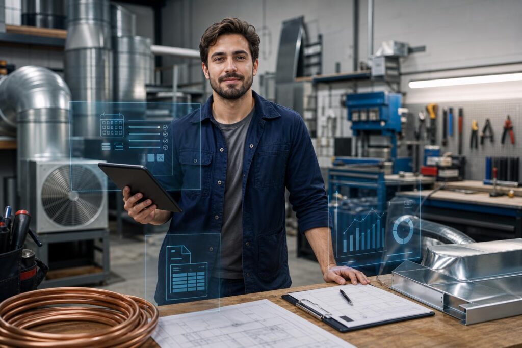 Young business owner in an HVAC and sheet metal workshop using AI-enabled business tools