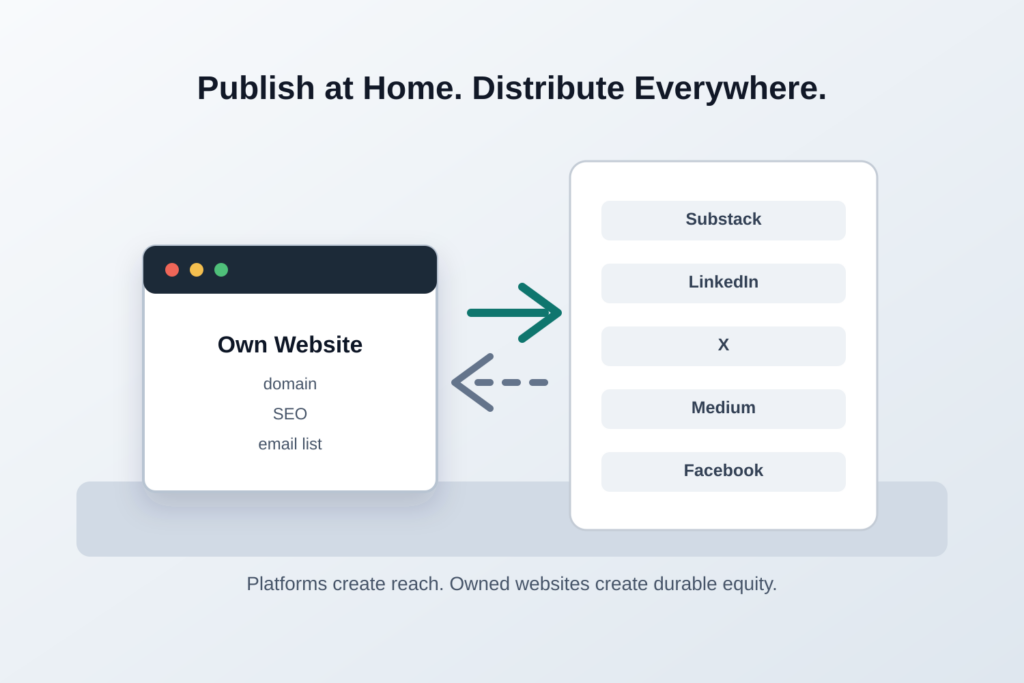 Editorial graphic showing an owned website as the home base with Substack and social platforms as distribution channels