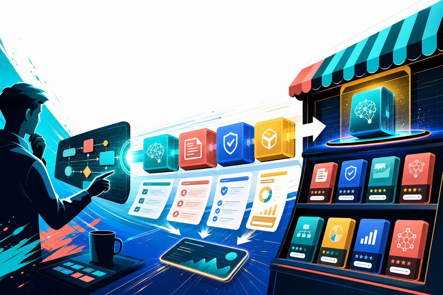 Bold colorful illustration of AI skill blocks turning expert workflows into marketplace products