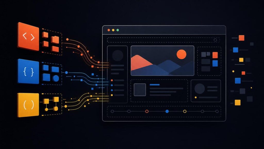 Abstract browser-native JavaScript interface showing simple web building blocks flowing into a modern browser window