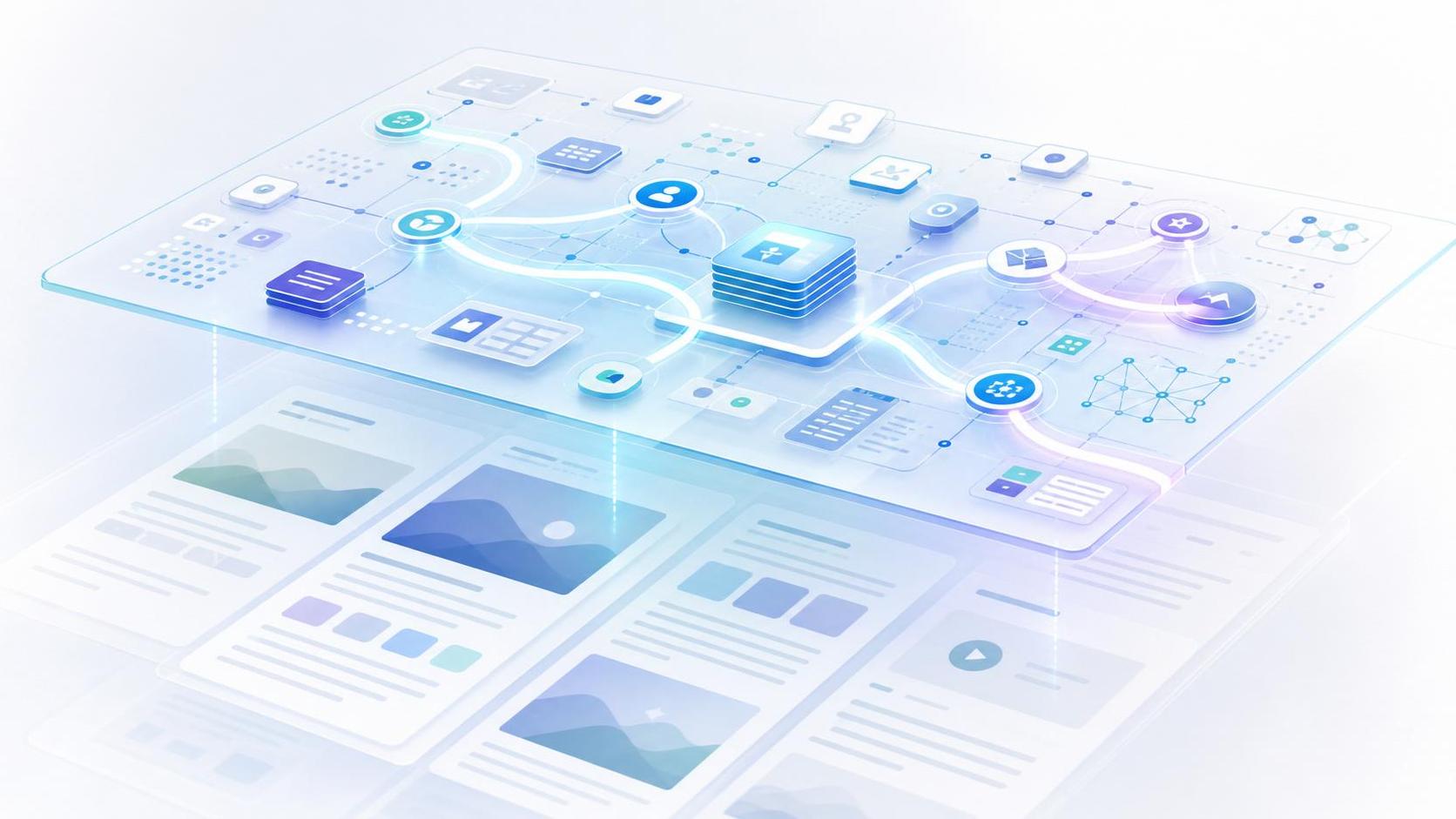 Layered web pages, structured data nodes, and AI agent pathways showing the web's machine-readable layer