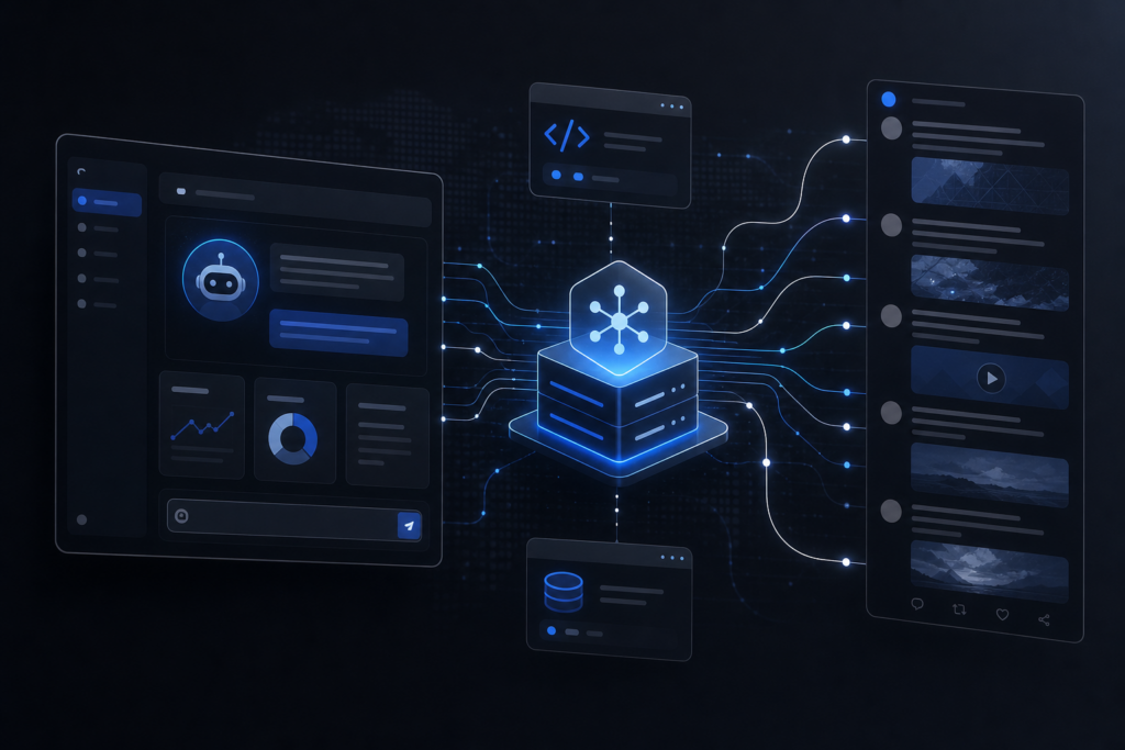 Abstract AI agent dashboard connected to social data streams