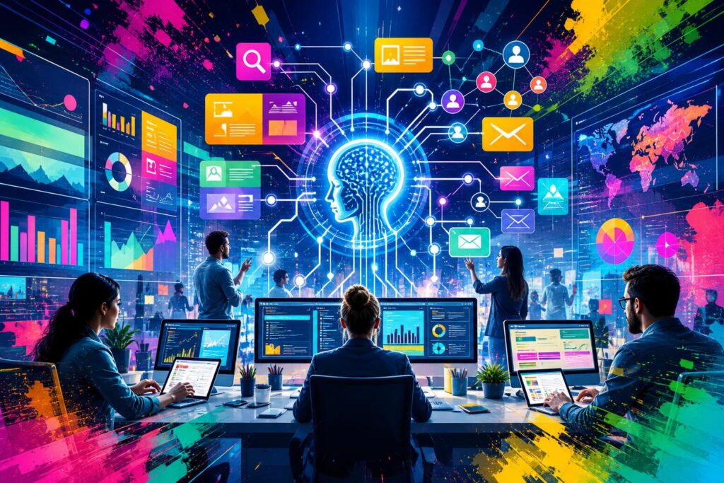Colorful AI marketing workflow command center with analytics, search, content, outreach, and campaign automation signals