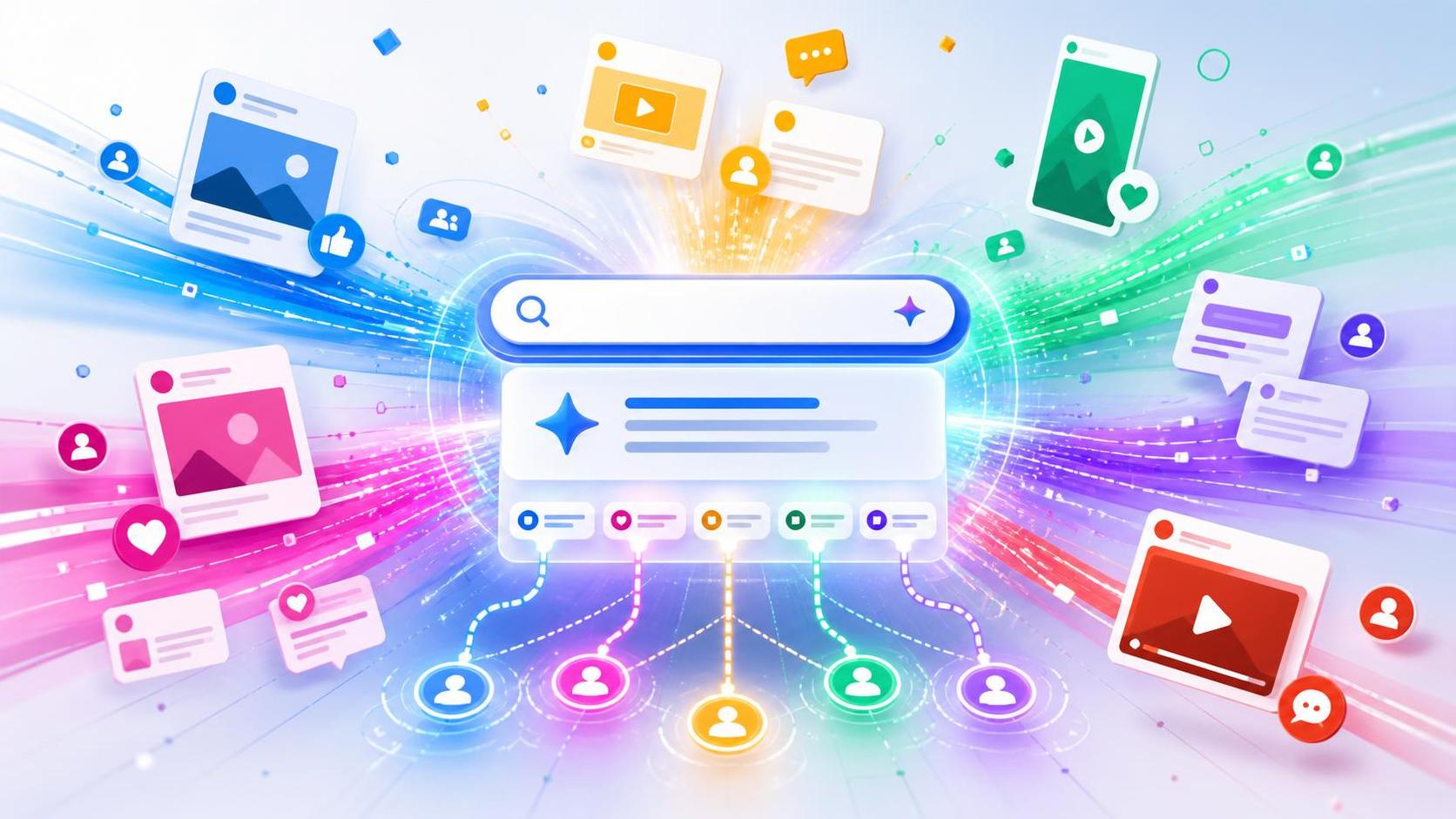 AI search interface pulling citation signals from colorful social media content cards