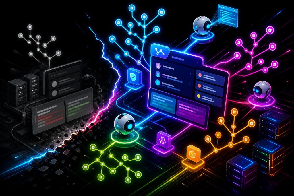 Bold colorful illustration of AI-native code hosting infrastructure, repository branches, pull request cards, and agent workflows
