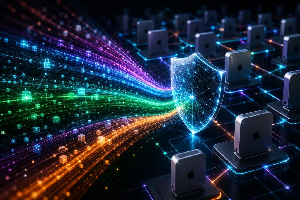 Encrypted AI inference streams routed across verified Apple Silicon machines
