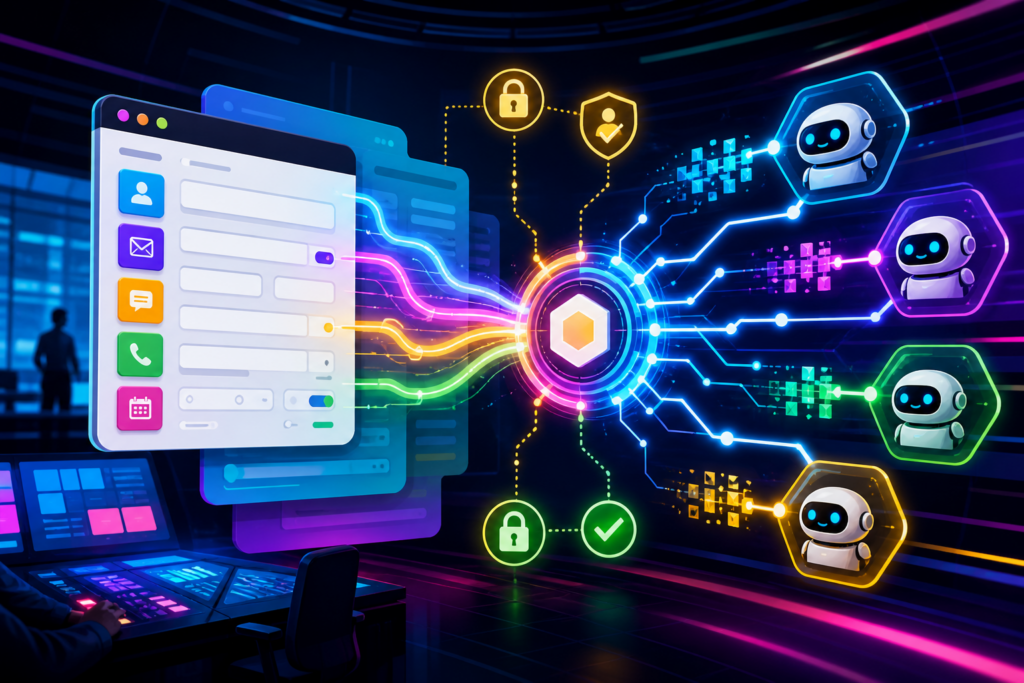 Colorful illustration of WordPress forms connecting securely to AI assistants through MCP workflows