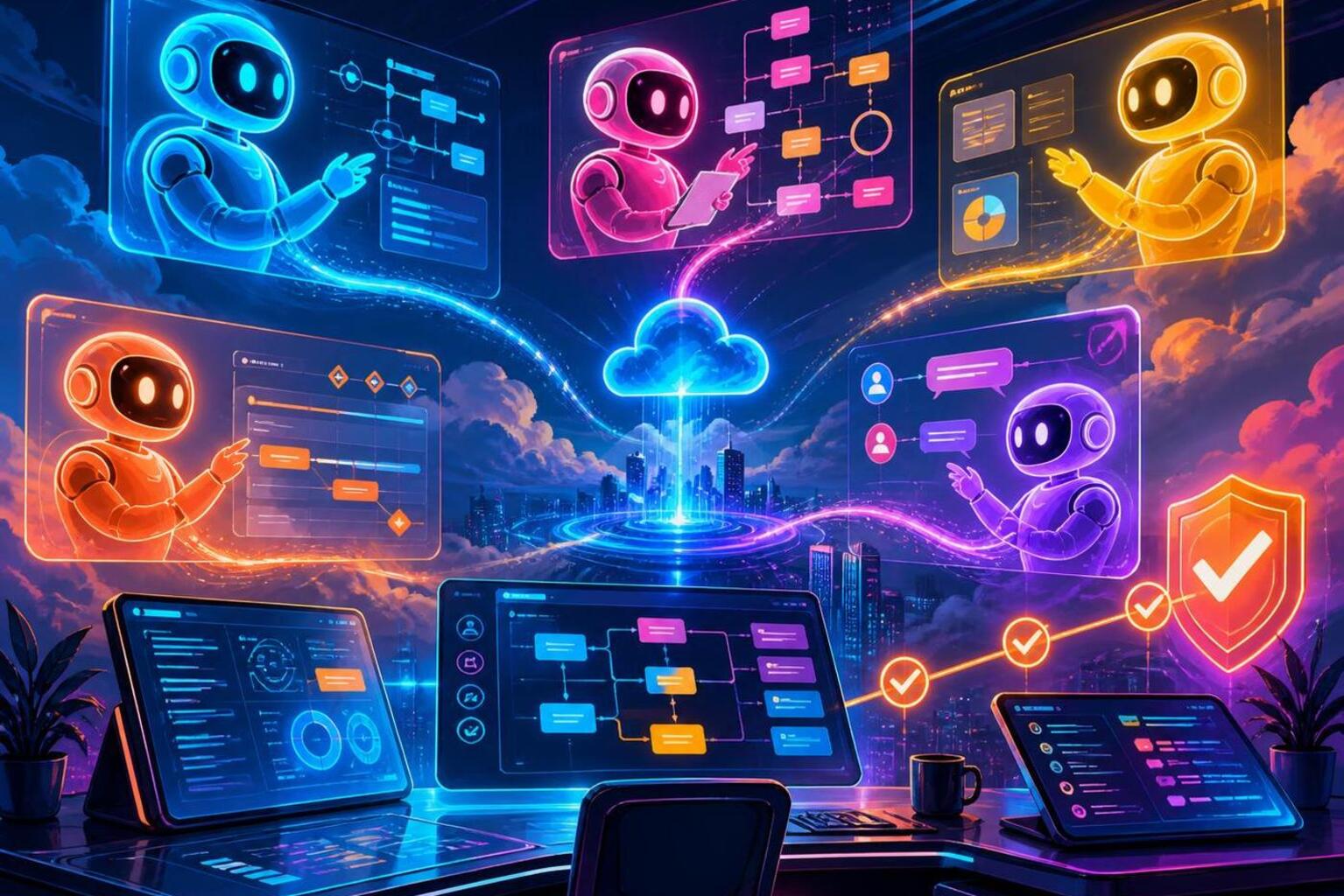 AI teammate agents coordinating cloud-based work across digital apps