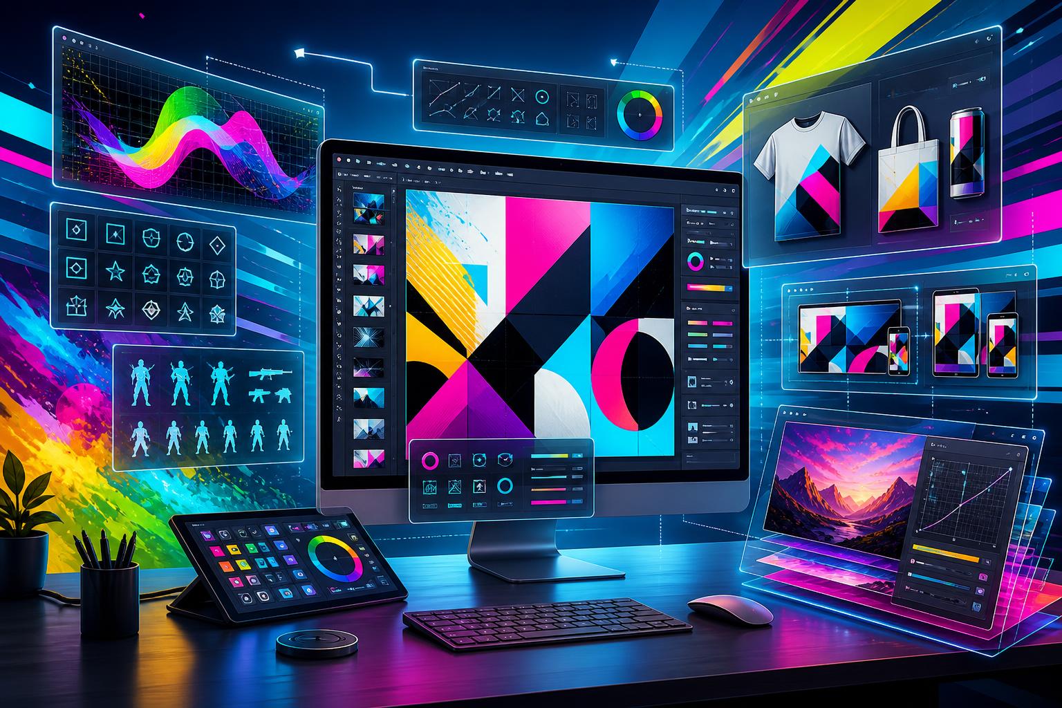 Bold AI design workstation illustrating Grok Imagine Image 2.0 creative tools, image editing, templates, and smart resizing