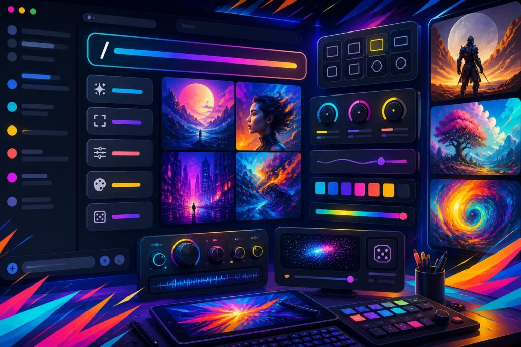 Midjourney Discord commands and image parameters shown as a colorful creative control room