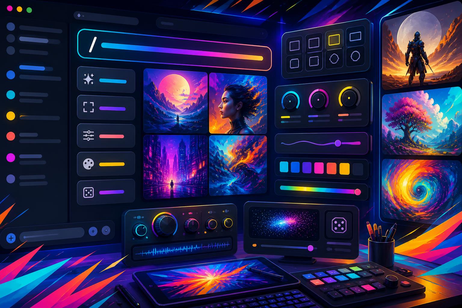 Midjourney Discord commands and image parameters shown as a colorful creative control room