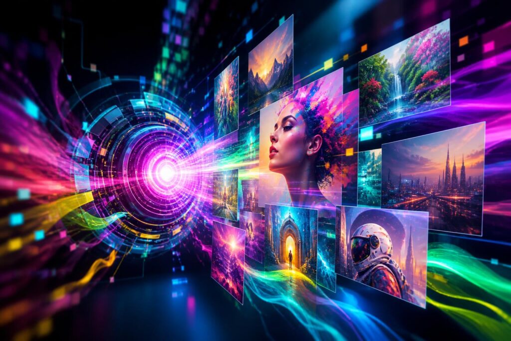 Bold colorful AI image generation interface representing Midjourney V8.2