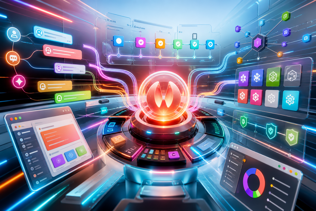 Bold colorful AI workflow dashboard illustration for OpenClaw 2026.8.1 updates