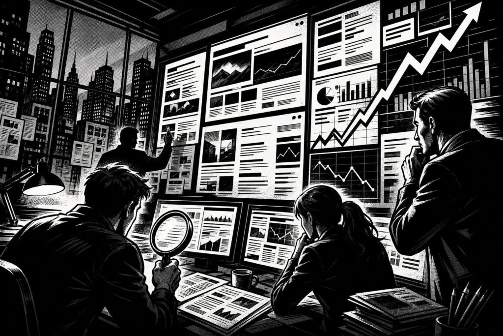 Bold monochrome comic-style SEO newsroom with search analytics and website ranking visuals
