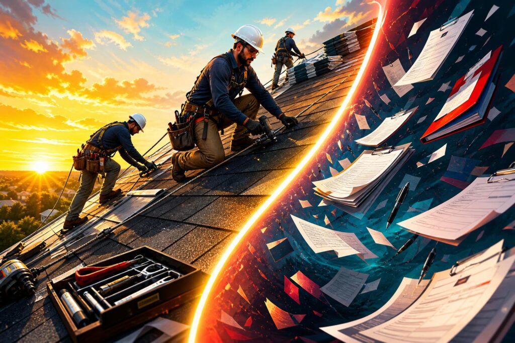 Roofing tradesmen separated from insurance paperwork by a bright compliance line
