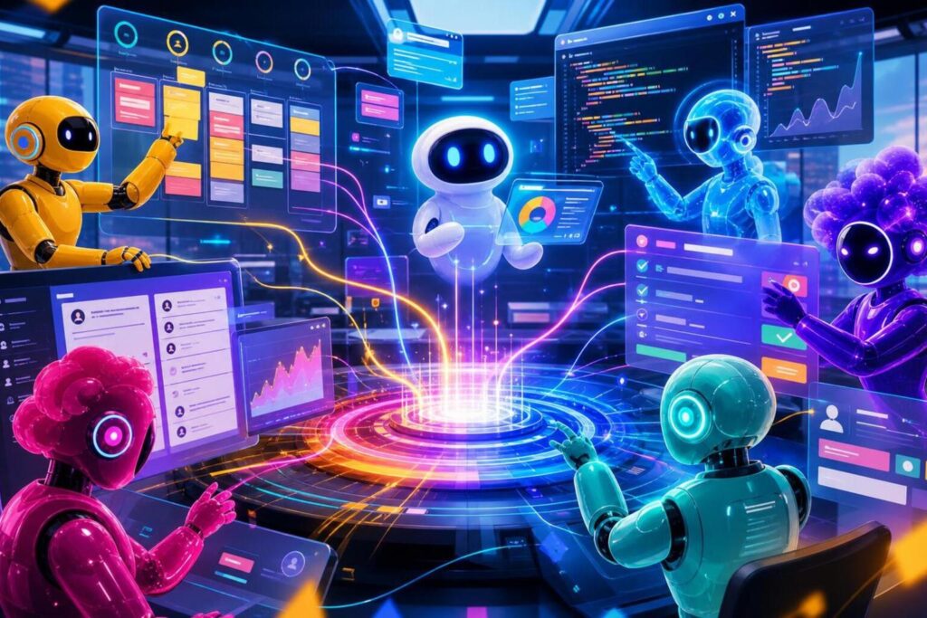 Grok Bot AI teammates working across cloud apps and workflow dashboards