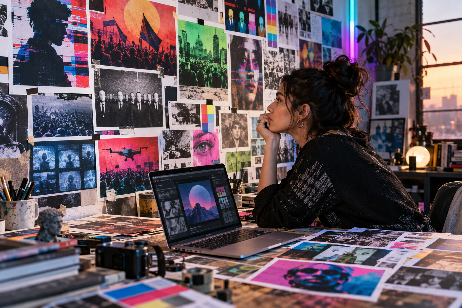 Realistic colorful art studio scene showing a media strategist analyzing AI-generated propaganda images on a wall of printed visuals