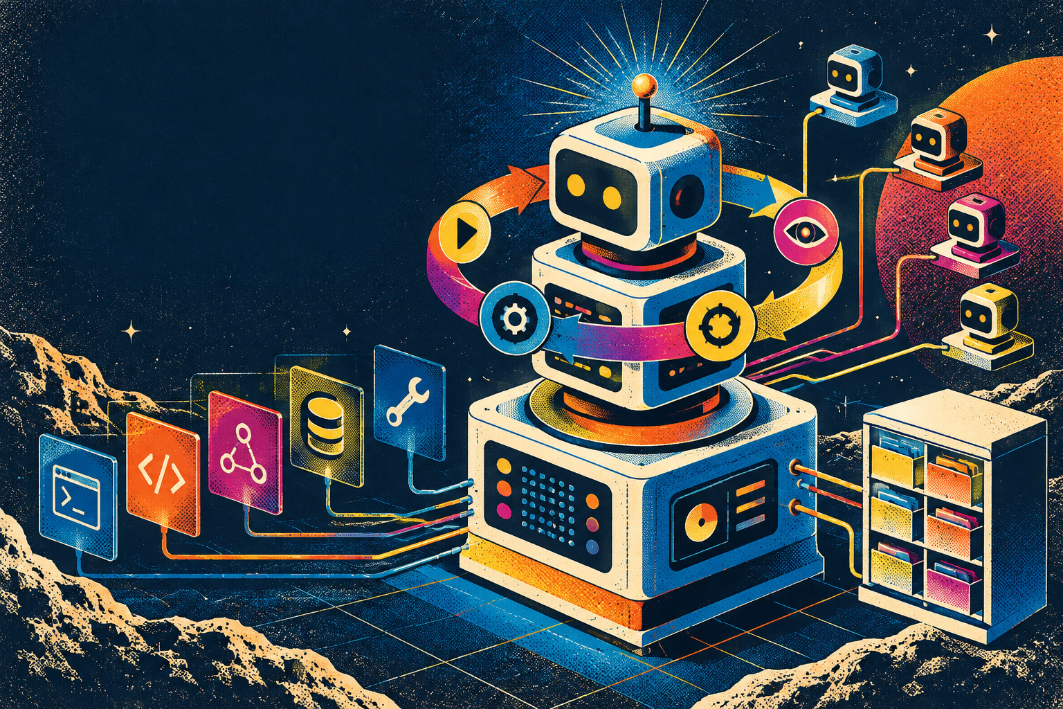 Retro illustration of a modular AI coding agent architecture