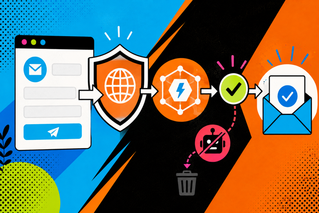 Flat colorful illustration of a static contact form protected by an edge worker and spam filter