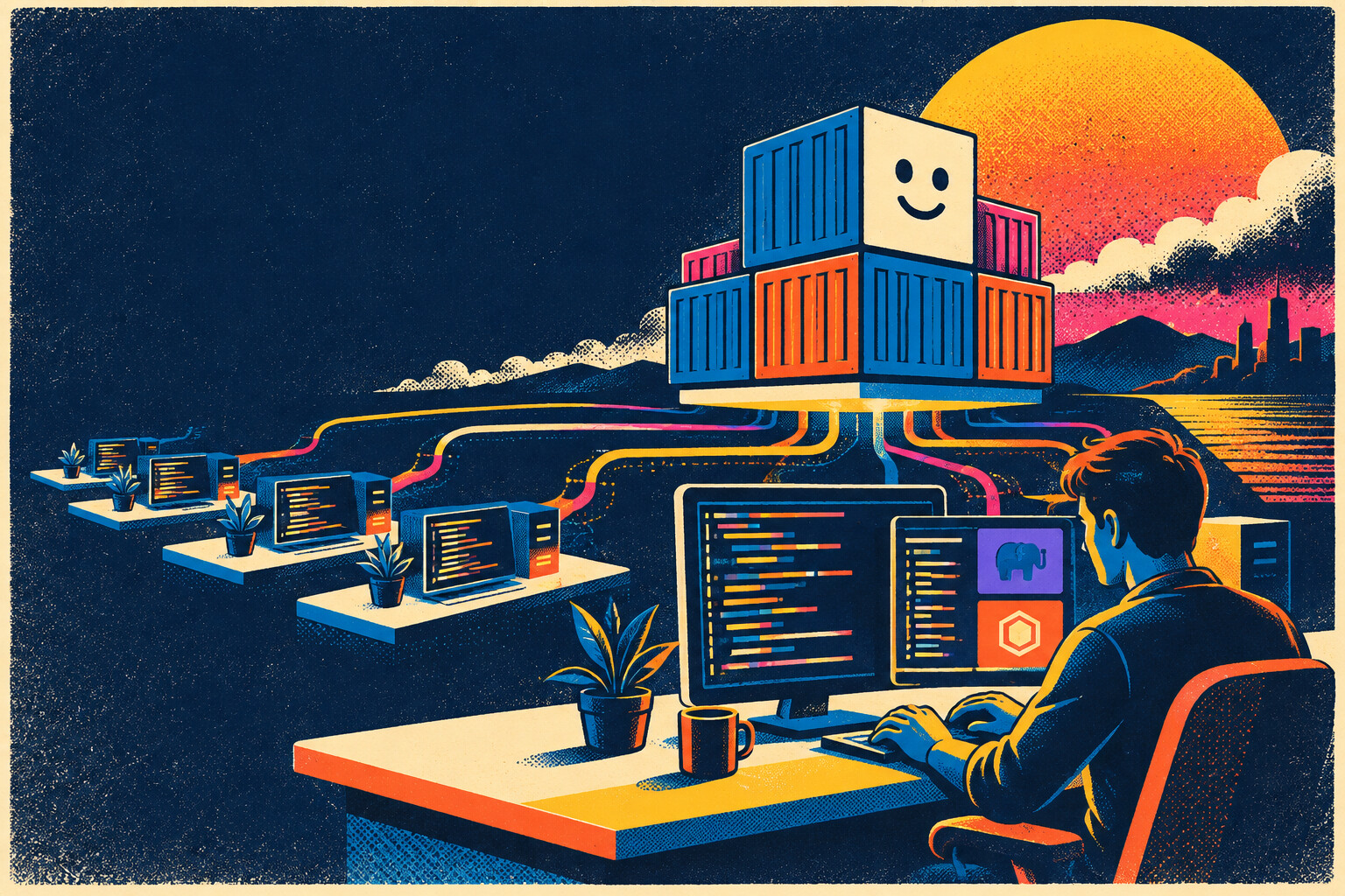 Retro illustration of containerized local website development