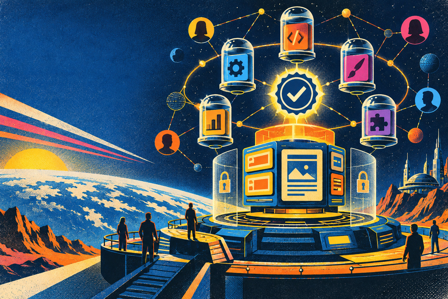 Retro illustration of a secure decentralized CMS plugin registry