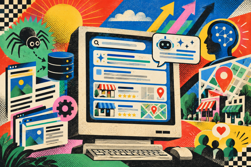 Bold retro graphic illustration of AI search, SEO pages, local map pins, and search result panels