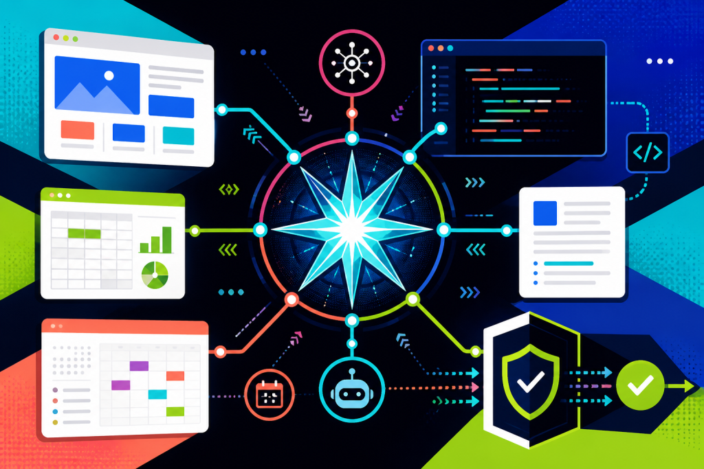 Flat colorful illustration of an AI agent coordinating browser, code, documents, spreadsheets, and security approvals