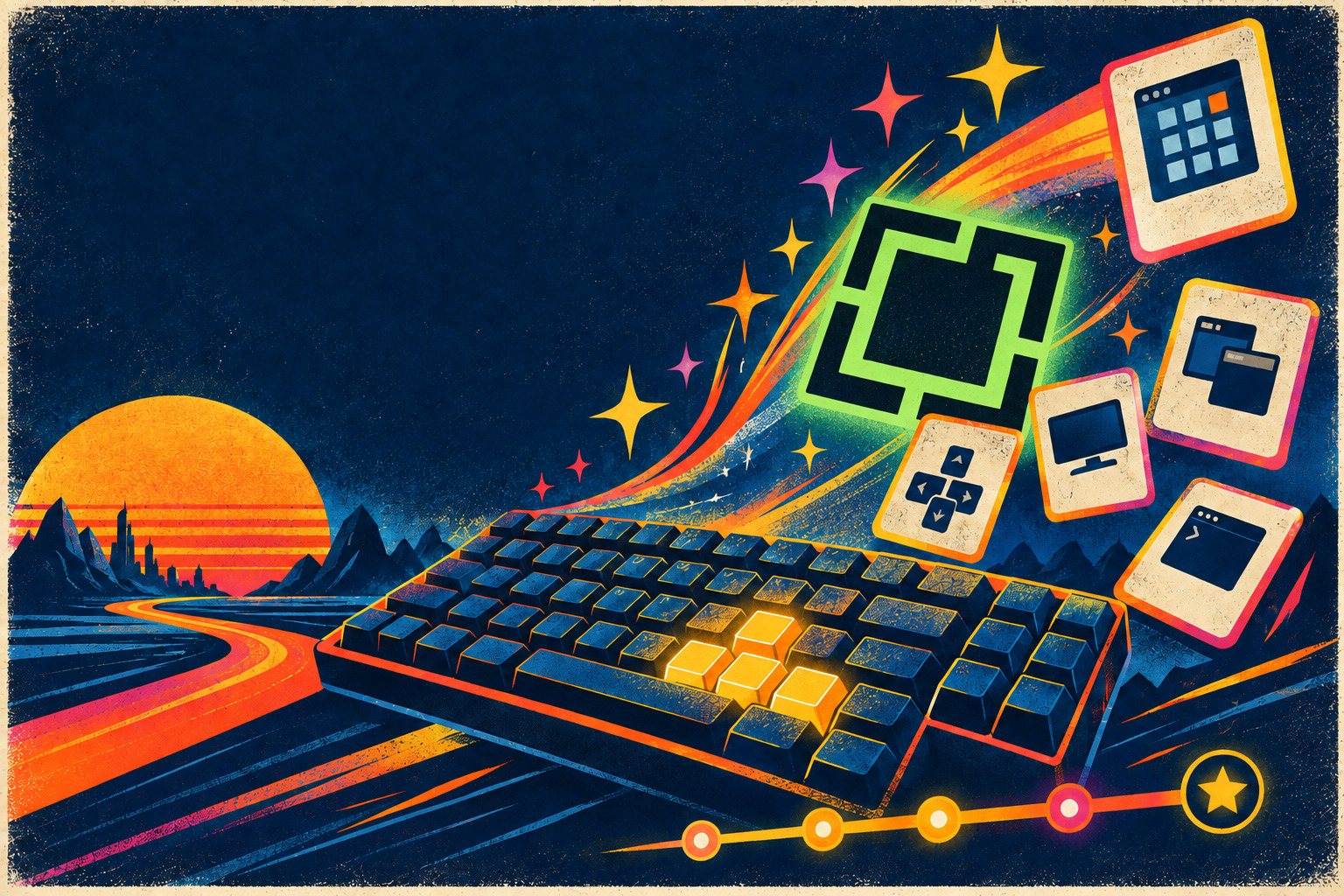 Retro illustration of keyboard shortcuts and the Omarchy logo