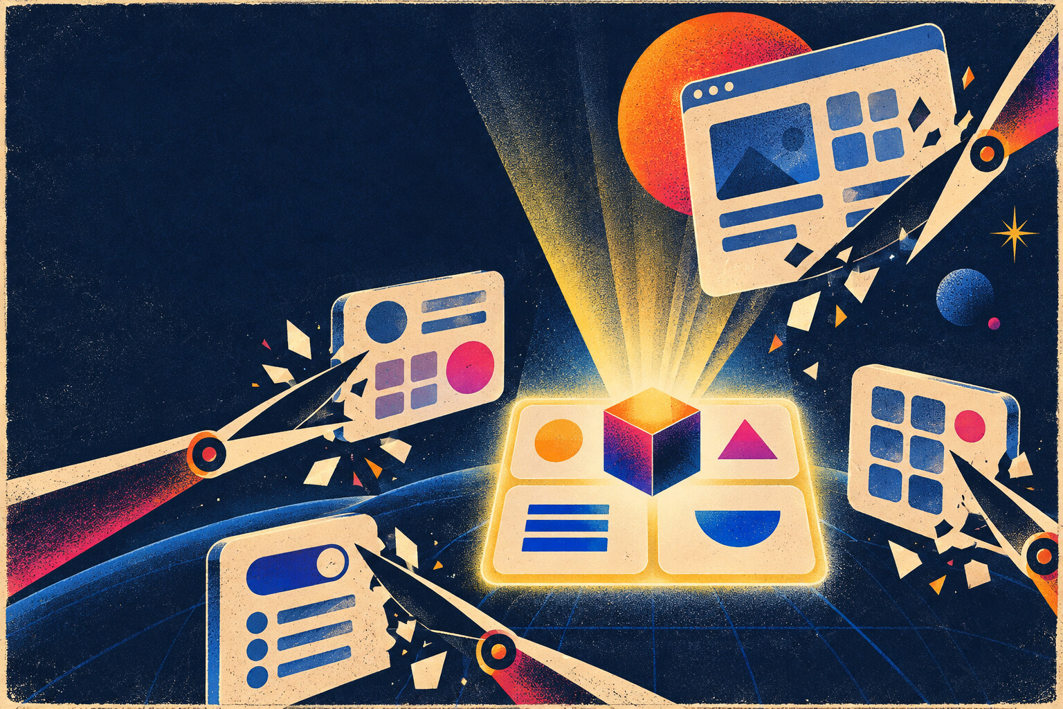 Retro illustration about focused product strategy and removing unnecessary features