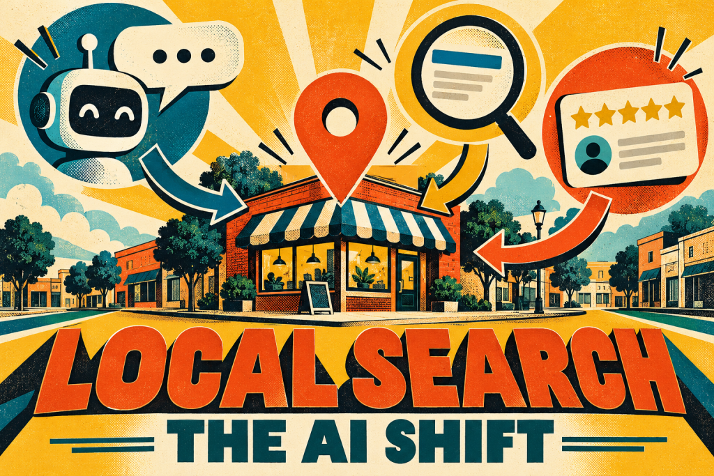 Bold retro illustration of a local storefront connected to AI, search, and customer reviews
