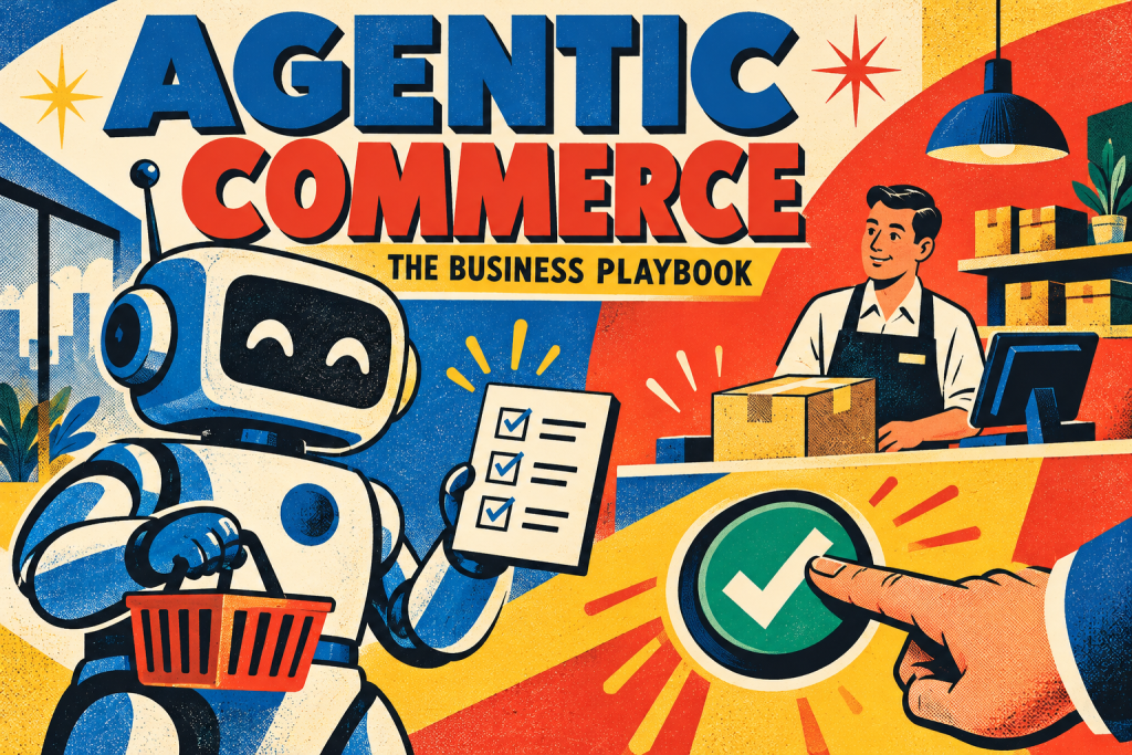 Bold retro illustration of an AI shopping assistant, merchant checkout, and human approval
